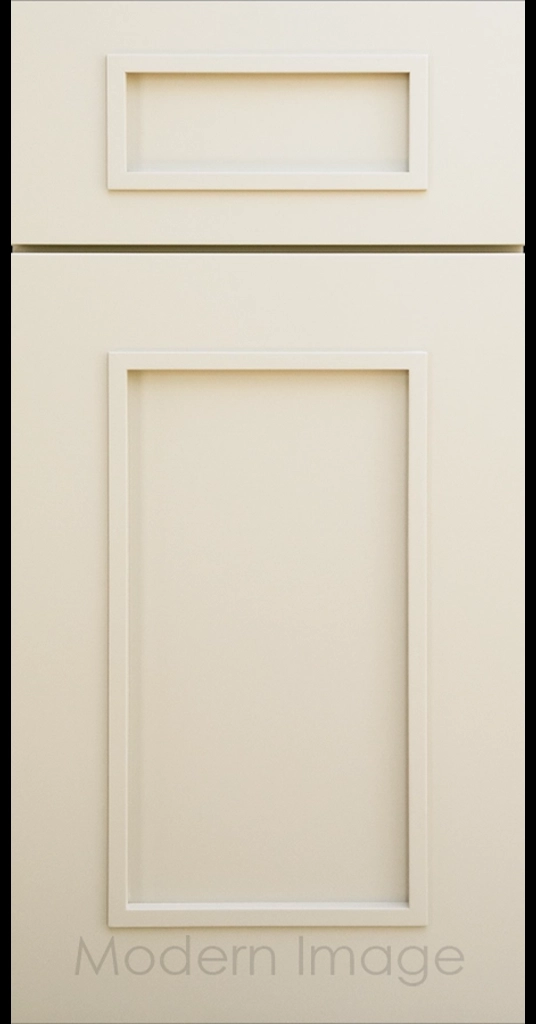 Gilbert cabinet a recessed flat panel and elevated molding in Canvas color.